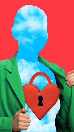 Surreal composition of faceless figure opening jacket revealing heart lock inside chest. Concept of...