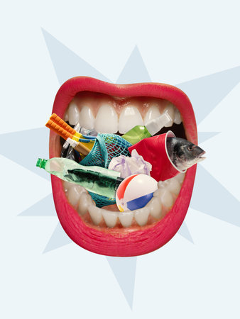 Colorful collage. Open mouth filled with plastic waste and fish symbolizing pollution and environmental crisis. Concept of ecology, human impact, plastic consumption, and environmental awareness.の写真素材