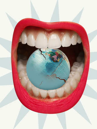 Creative digital artwork. Open mouth with red lips holding cracked globe. Concept of ecological...