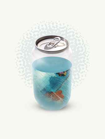 Graphic composition. Transparent soda can filled with ocean water and globe inside symbolizing...