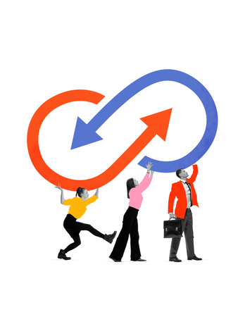 Graphic composition. Business people holding infinity loop arrows symbolizing continuous process....