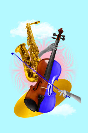 Golden saxophone and blue violin with radiant surreal design. Concept of music as art, festival...