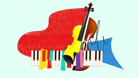 Bright surreal violin and piano artwork with colorful accents. Concept of art exhibitions, cultural...