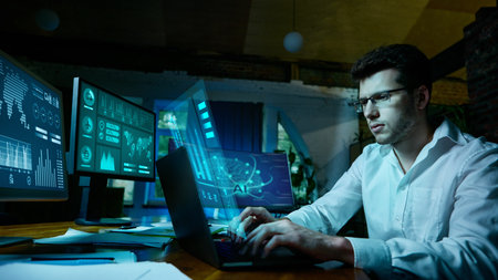 Businessman working late with holographic dashboards and futuristic analytics. Concept of AI...