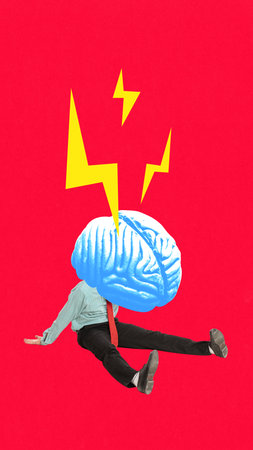 Bold vibrant poster. Surreal businessman with blue brain struck by lightning bolts on red background. Concept of stress, psychology, cognitive overload, mental burnout and social campaigns.の写真素材