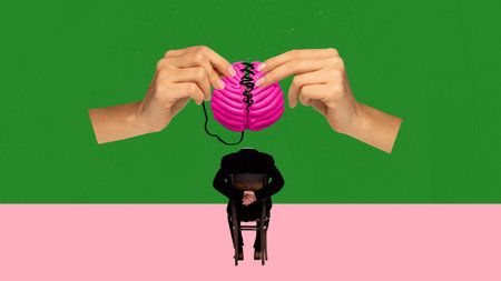 Abstract collage. Hands sewing pink brain symbolizing recovery and psychological healing process....