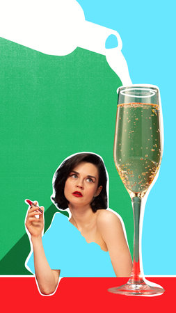Creative digital artwork. Woman with lipstick gazing at champagne flute being poured. Concept of nightlife glamour, feminine beauty, cocktail elegance and retro digital collage art.の写真素材