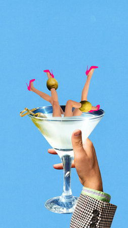 Contemporary collage. Martini glass with playful legs and olives on surreal blue background. Concept of humor in cocktails, nightlife posters, surreal party art and creative bar design.の写真素材