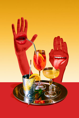 Abstract collage of cocktails with red surreal hands and playful mouths. Concept of surreal party art, nightlife creativity, club posters and digital moodboards.の写真素材