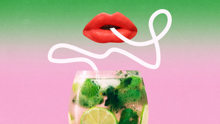 Collage art. Floating lips sipping mojito through surreal straw on gradient pop background. Concept of cocktail lifestyle, surreal art, summer freshness and trendy visual culture.の写真素材