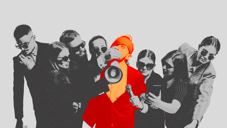 Surreal collage art. Vibrant red person silenced by black and white crowd with megaphone. Concept of...