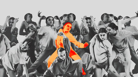 Bold creative poster. Solo dancer in orange outfit standing out from black and white crowd. Concept of individuality, creative courage, and emotional self-expression in a conformist world.の写真素材