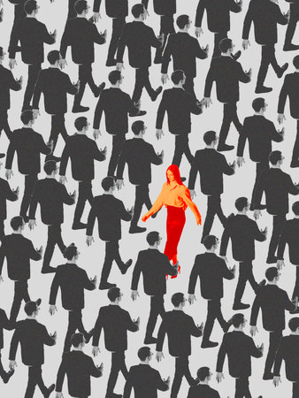Vibrant artwork of red woman walking confidently among black and white businessmen. Concept of individuality, gender equality, and breaking stereotypes, the courage to lead with authenticityの写真素材