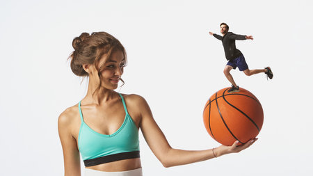 Creative digital artwork. Woman balancing miniature man on basketball in surreal equality concept....