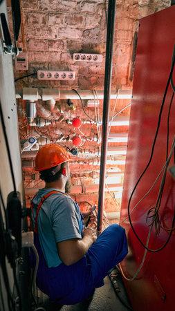 Engineer performing heating system maintenance in basement room. Concept of engineering precision, HVAC service, and safe workplace operation with calm focus.の写真素材