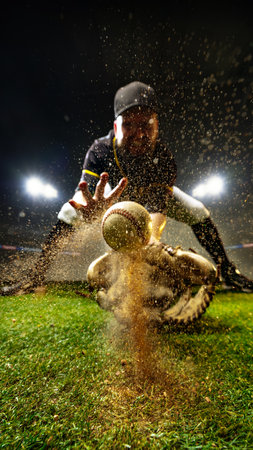 Baseball catcher reaching for ball with explosion of sand under 3D stadium lighting. Concept of...