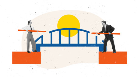 Collage art. Business people building symbolic bridge connecting two sides with teamwork. Concept of...