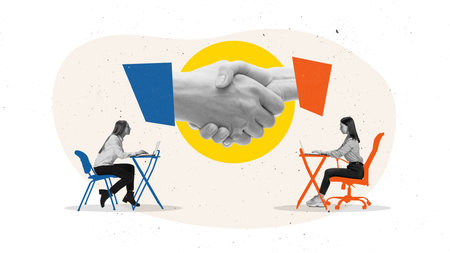 Creative collage. Remote workers connecting through digital handshake representing online partnership. Concept of communication, trust, and collaboration for business, HR and digital marketing visualsの写真素材