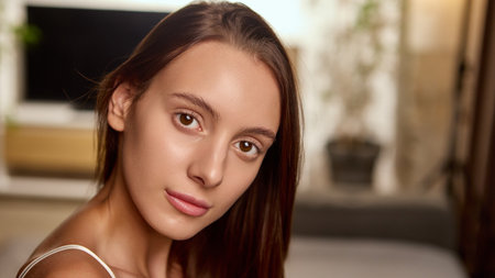 Young woman with healthy glowing skin looking at camera indoors. Concept of beauty, skincare, and...