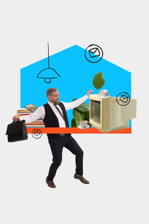 Bright collage. Businessman balancing between work emails and vintage computer with cup of coffee....