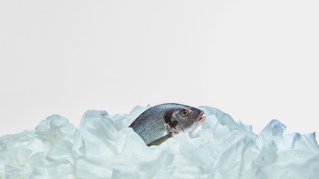 Fish surrounded by plastic waste on white background representing ocean pollution. Concept of environmental crisis, marine contamination, sustainability for eco-education and awareness campaigns.の写真素材