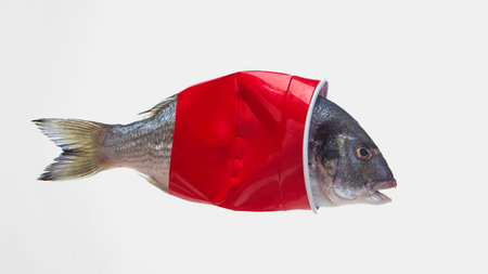 Fish trapped inside red plastic cup on white background pollution concept. Concept of plastic waste, marine life endangerment, climate awareness for NGO, education, and sustainability campaigns.の写真素材