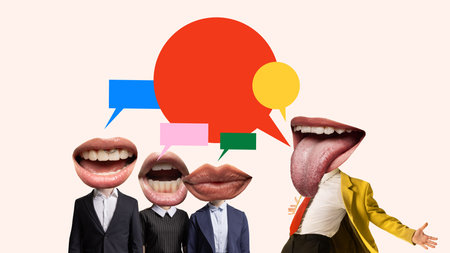 Expressive mouths speaking in colorful speech bubbles collage. Concept of communication, PR discussions, public speaking, creative media visuals for blogs, presentations, and campaigns.の写真素材