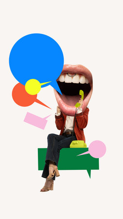 Digital artwork. Woman with giant mouth talking passionately through colorful speech bubbles. Concept of communication, digital dialogue, PR calls, promo visuals, and marketing presentations.の写真素材