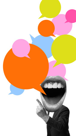 Minimalist collage. Giant mouth speaking among colorful overlapping speech bubbles. Concept of...