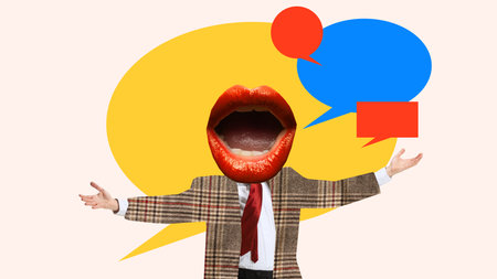 Graphic composition. Man with bright red lips expressing confidence surrounded by colorful speech bubbles. Concept of leadership, communication, bold expression for media, and corporate visuals.の写真素材