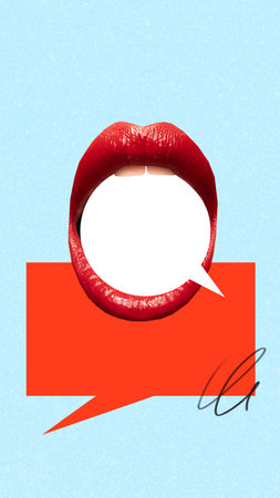 Creative collage template. Red lips shouting message through bright speech bubbles. Concept of communication, media influence, and expressive visual design for campaigns and social projects.の写真素材