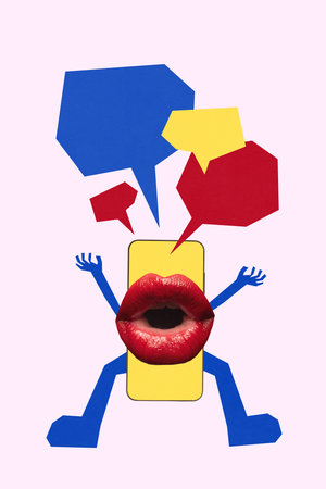 Abstract poster. Smartphone character with red lips shouting colorful speech bubbles. Concept of...
