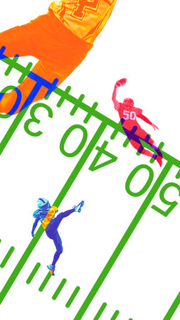 Colorful collage of two American football players in motion on green field lines. Concept of...