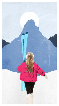 Modern artwork. Woman walking toward snowy peak carrying blue skis. Concept of aspiration, determination, exploration for winter travel campaigns, sports branding, and motivational design.の写真素材