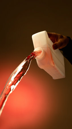 Red automotive fluid pouring from white plastic container with warm lighting. Concept of coolant quality, lubricant manufacturing, car maintenance, and mechanical service product visuals.の写真素材