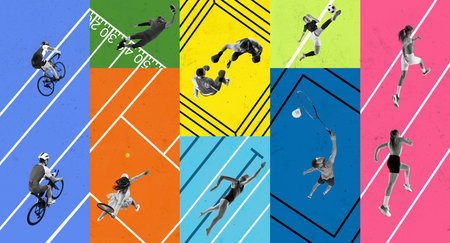 Creative geometric collage of 10 athletes performing multiple sports in color blocks. Concept of athletic diversity, competition, modern sports culture for media, design, and education visuals.の写真素材