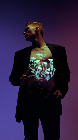 Man with neon plant light projection on chest in black suit against violet background. Concept of...