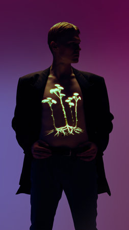 Man in black suit with glowing plant and roots projection on chest in studio light. Concept of human connection to earth, digital growth, and nature technology fusion for creative visuals.の写真素材
