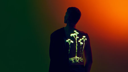 Man with neon botanical projection on back in orange and green gradient lighting. Concept of growth, connection between human body and technology for design, editorial, and advertising visuals.の写真素材