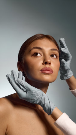 Beautician examining woman face before aesthetic procedure with precision and care. Concept of...