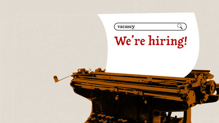 Vintage typewriter printing We are Hiring message retro creative recruitment poster. Concept of communication, job opportunity, HR promotion for career ads, education, and business projectsの写真素材