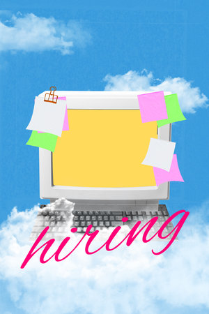 Graphic composition. Retro computer with colorful sticky notes and hiring word floating in sky....