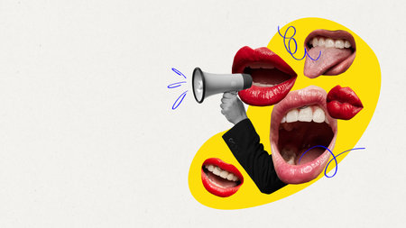 Minimalist digital artwork. Megaphone with expressive mouths and lips. Concept of voice, teamwork, and creativity for HR, corporate branding, and marketing visuals.の写真素材