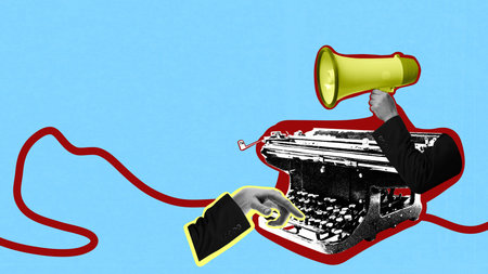 Typewriter with megaphone collage communication and creative hiring message. Concept of HR communication, announcement, company branding used for recruitment and business visuals.の写真素材
