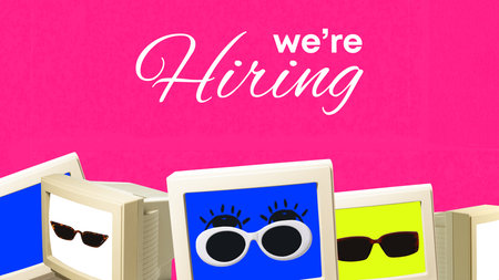 Artwork with retro computer monitors with sunglasses under We are Hiring text playful HR design. Concept of creative recruitment, diversity, modern company culture for startup and digital branding.の写真素材