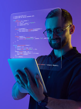Digital composition. Smiling programmer with tablet and holographic code in creative tech workspace. Concept of IT education, coding culture, and joyful innovation in modern technology companies.の写真素材
