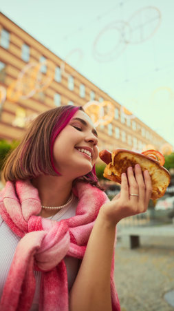 Happy young woman smiling with hot dog in hand under evening city lights. Concept of modern lifestyle, freedom, satisfaction for food advertising, youth marketing, and street culture visuals.の写真素材