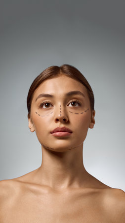 Front portrait of woman with surgery markings showing awareness and thoughtful emotion. Concept of...