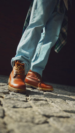 Brown leather boots and light jeans on cobblestone street in urban sunlight. Concept of streetwear...