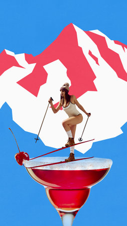 Bold colorful poster. Woman skiing on red cocktail glass against geometric mountain background. Concept of food and drink advertising, art and culture illustration, and fashion lifestyle.の写真素材